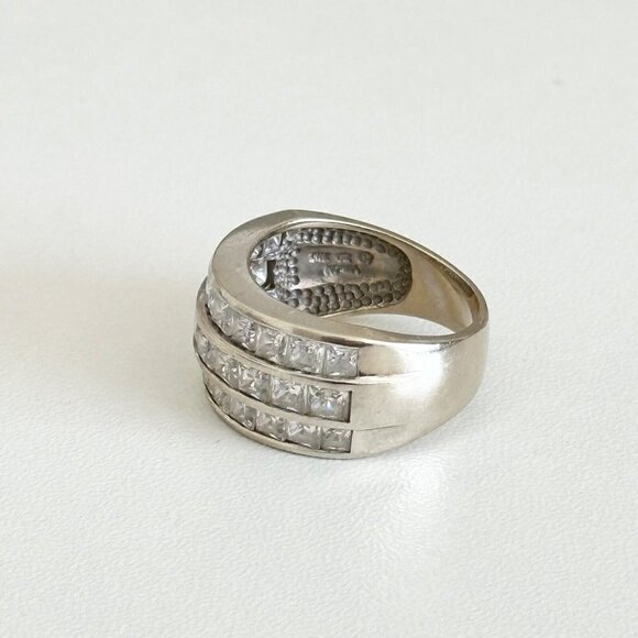 14K White Gold Three Row Clear CZ Wide Chunky Statement Band Ring Size 6.75 - Picture 5 of 12